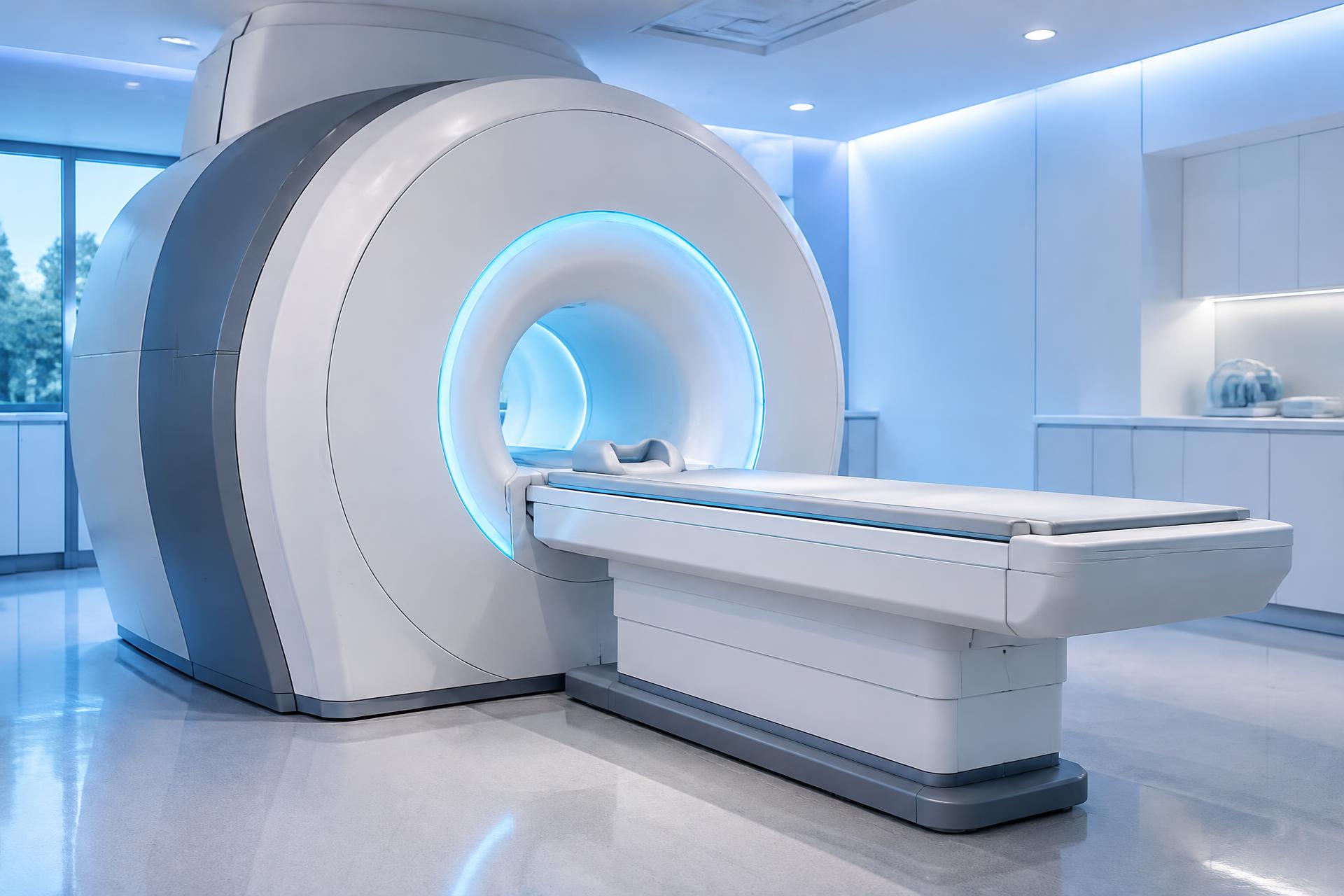 Sala de Ressonância Magnética moderna, com equipamento e iluminação suave em tons de azul