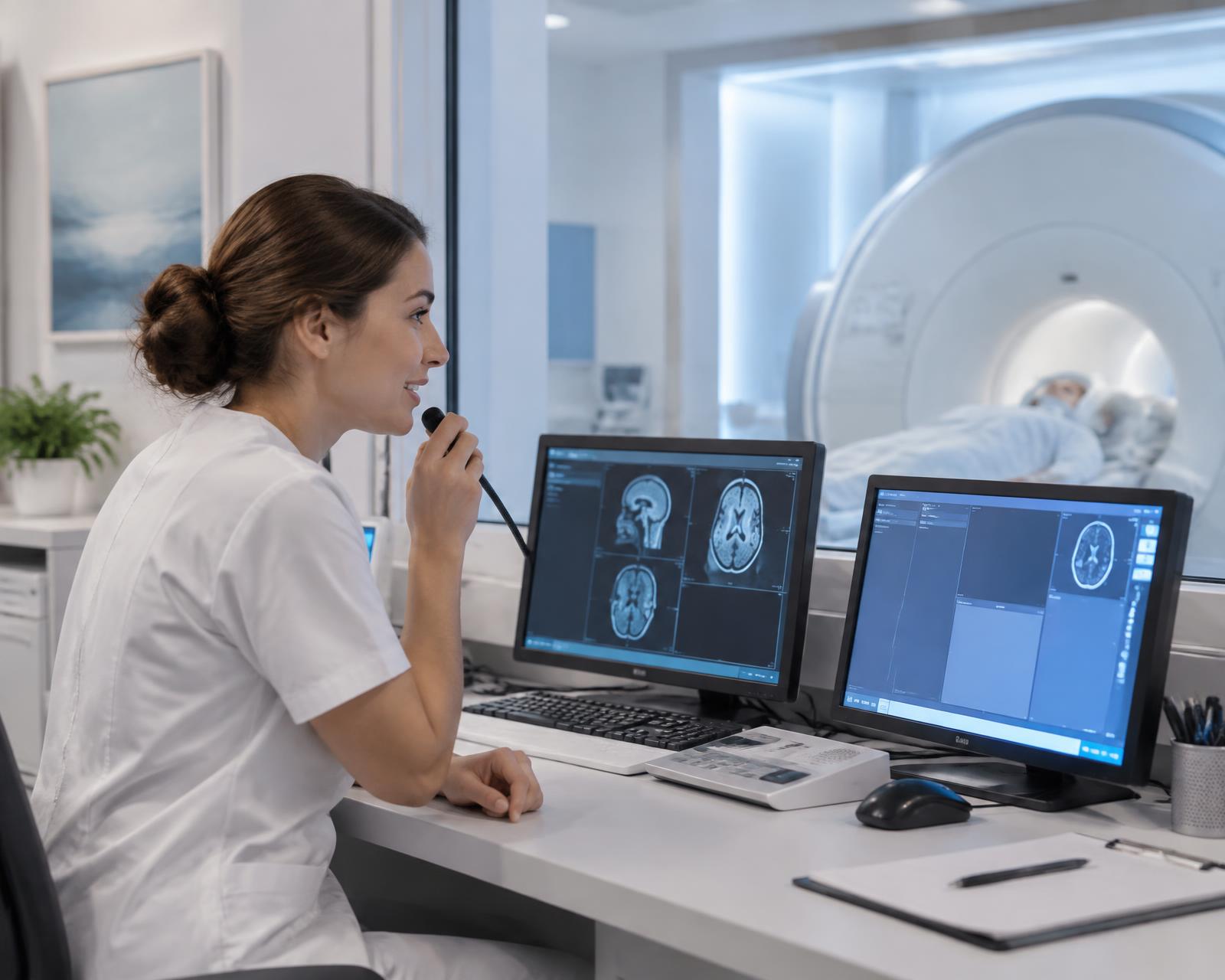 Profissional de radiologia atendendo no posto de controle de uma sala de Ressonância Magnética